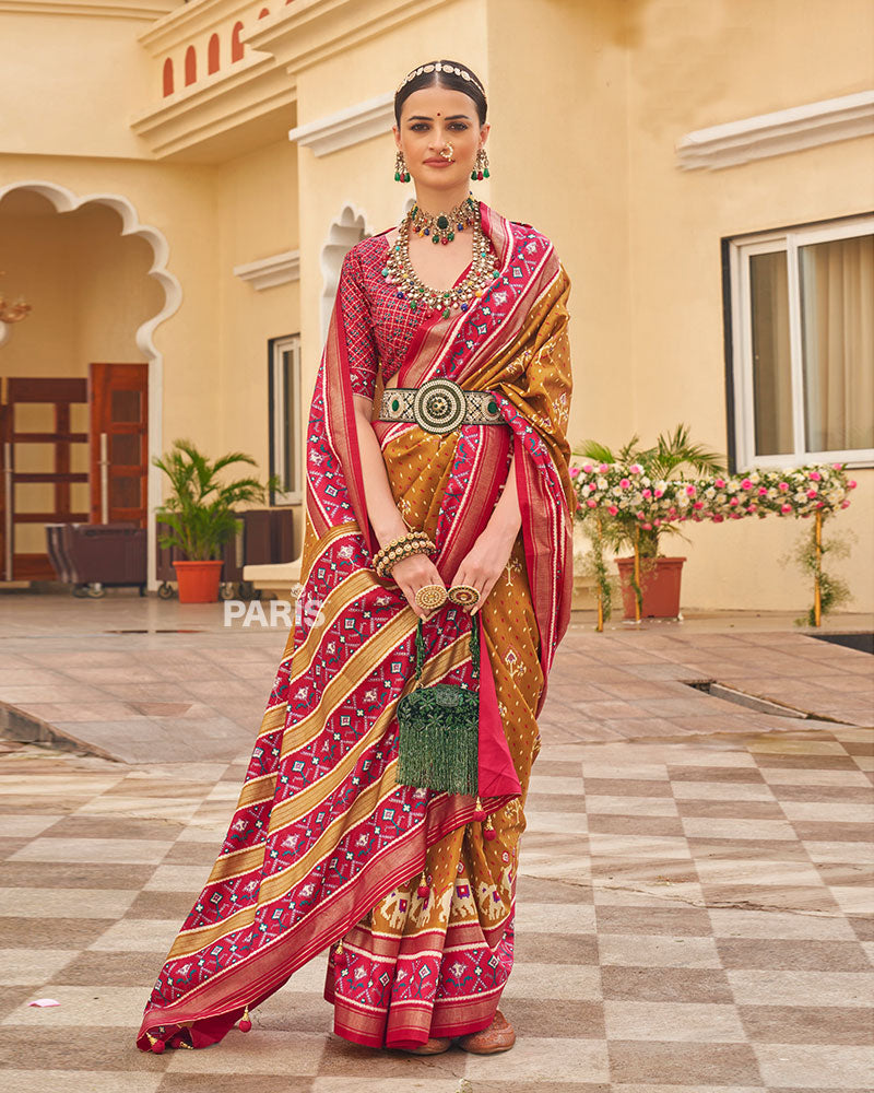 Amber Yellow & Pink Patola Silk Saree with Paisley Print