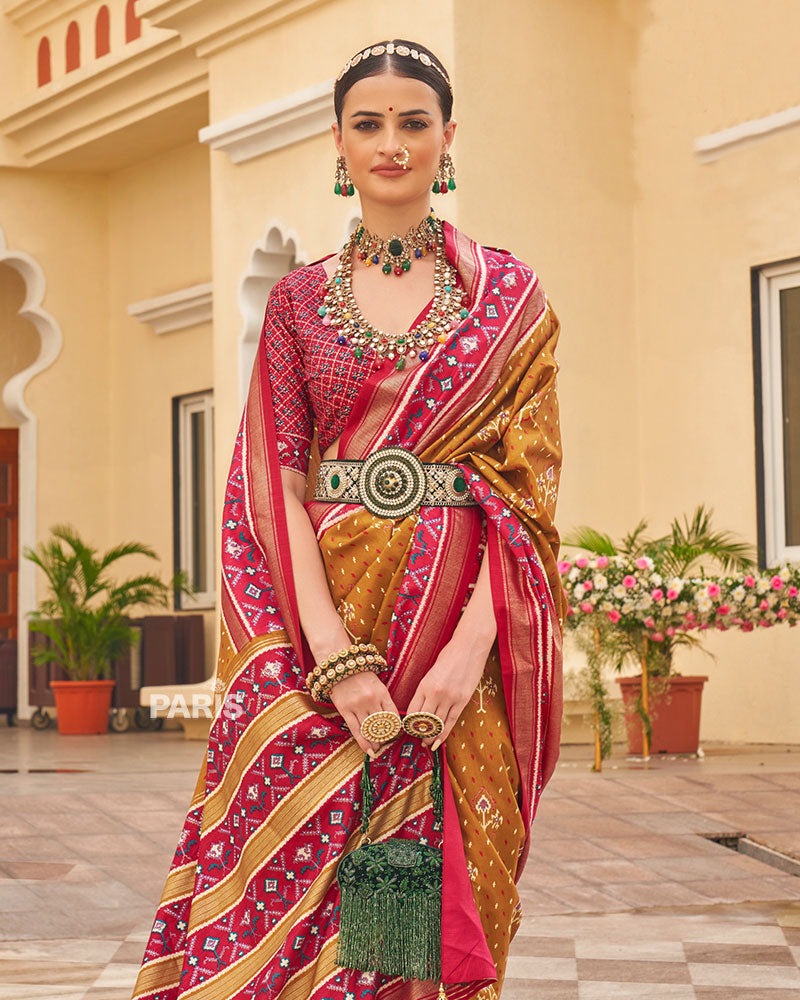 Amber Yellow & Pink Patola Silk Saree with Paisley Print