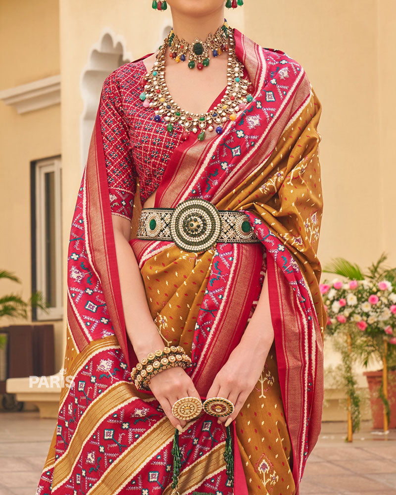 Amber Yellow & Pink Patola Silk Saree with Paisley Print