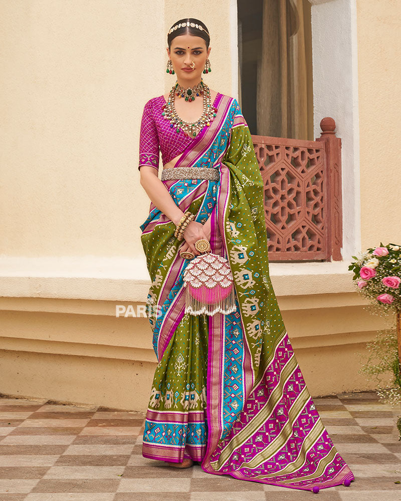 Olive Green & Pink Patola Silk Saree with Ethnic Motifs