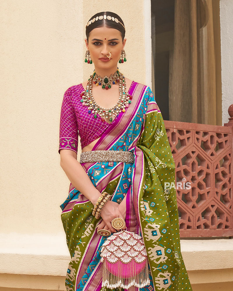 Olive Green & Pink Patola Silk Saree with Ethnic Motifs