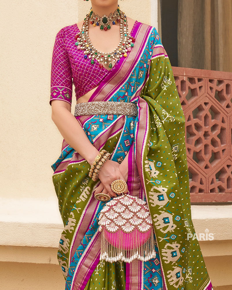Olive Green & Pink Patola Silk Saree with Ethnic Motifs