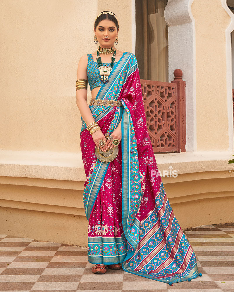 Pink & Blue Patola Silk Saree with Geometric Print