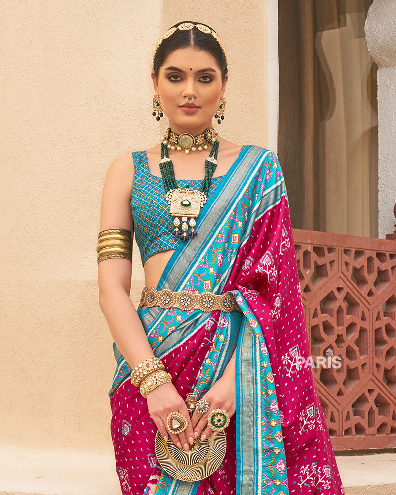 Pink & Blue Patola Silk Saree with Geometric Print
