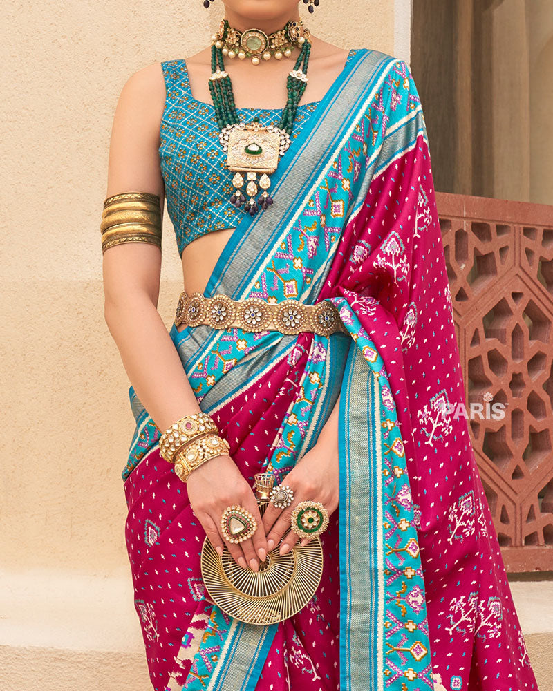 Pink & Blue Patola Silk Saree with Geometric Print