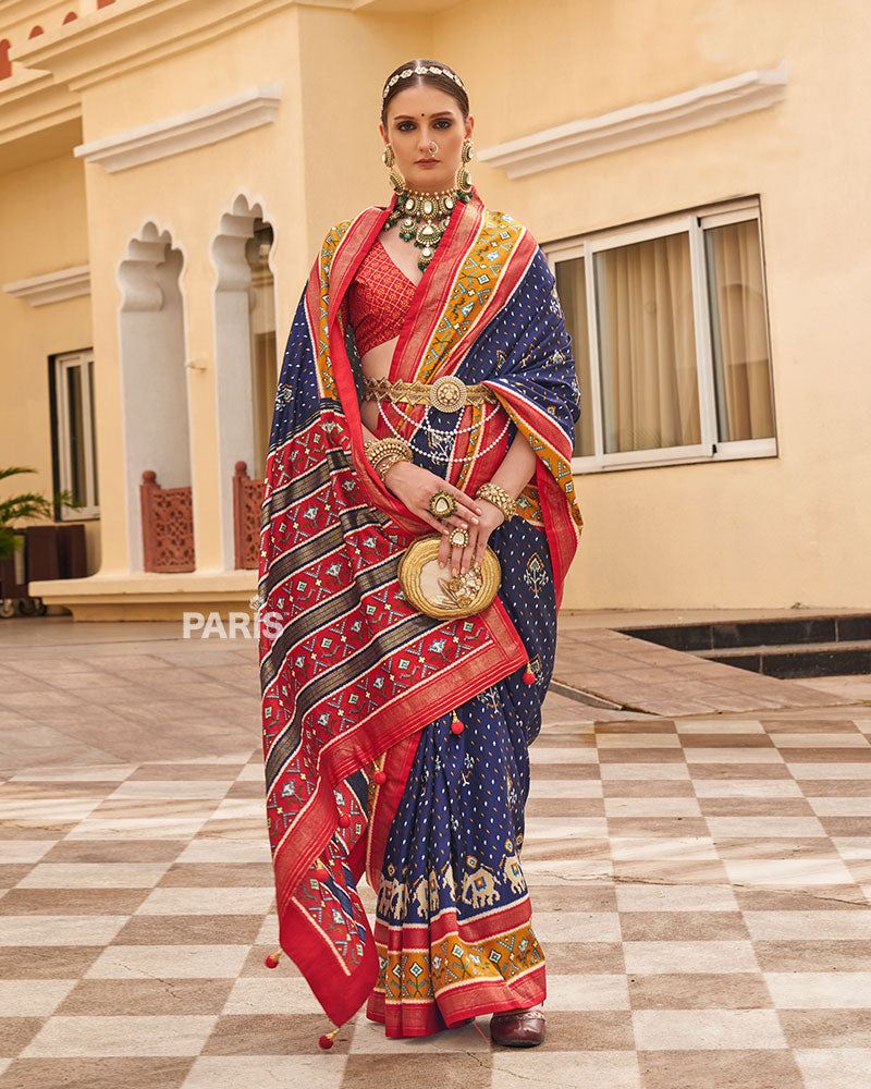 Navy Blue & Red Patola Silk Saree with Elephant Print