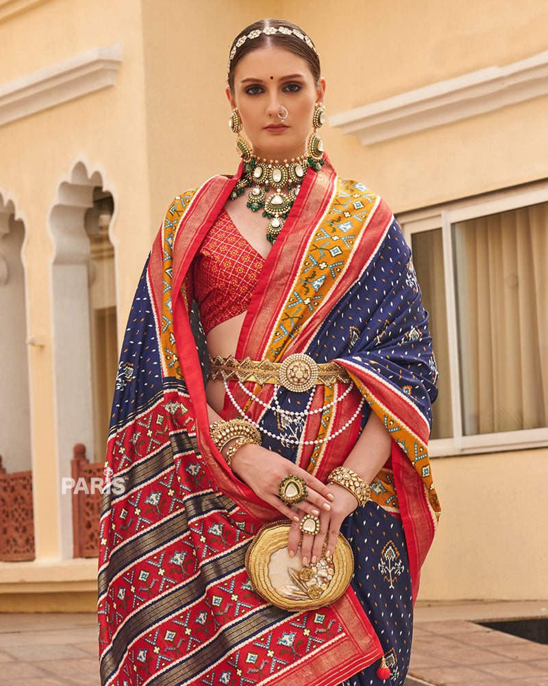 Navy Blue & Red Patola Silk Saree with Elephant Print