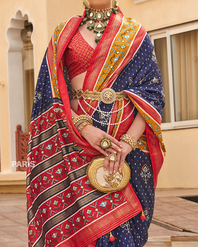 Navy Blue & Red Patola Silk Saree with Elephant Print