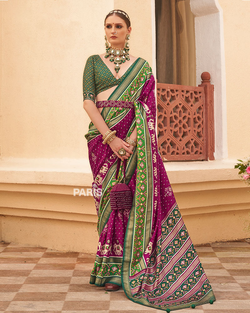 Purple & Green Patola Silk Saree with Ethnic Print