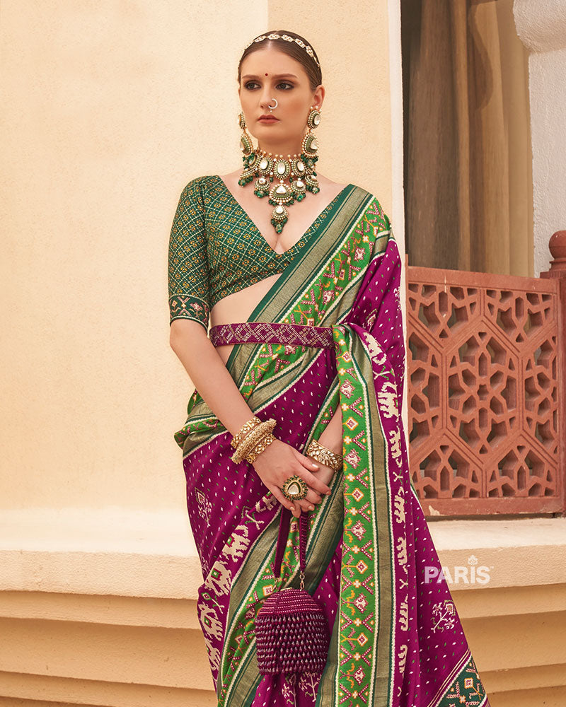 Purple & Green Patola Silk Saree with Ethnic Print
