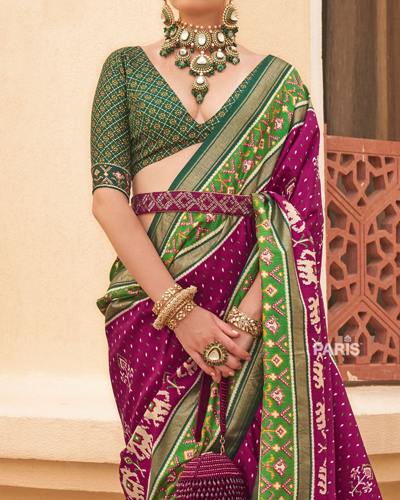 Purple & Green Patola Silk Saree with Ethnic Print