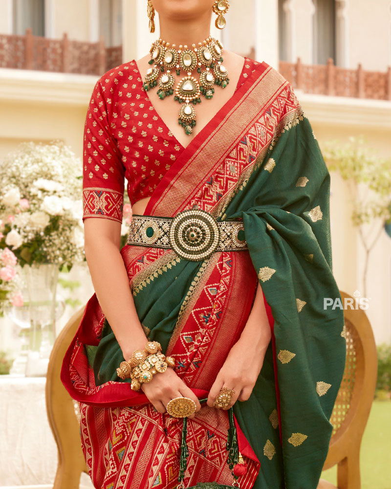 Deep Green and Red Border Silk Saree with Unstitched Blouse and Belt