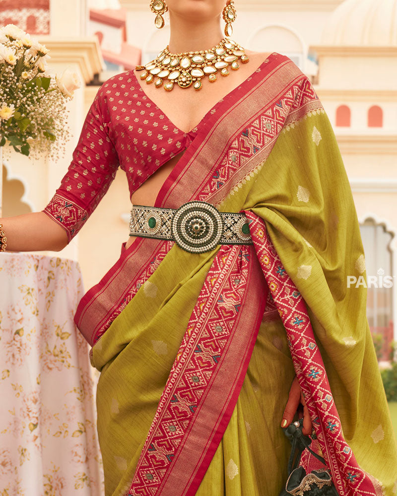 Olive Green and Red Border Silk Saree with Unstitched Blouse and Belt