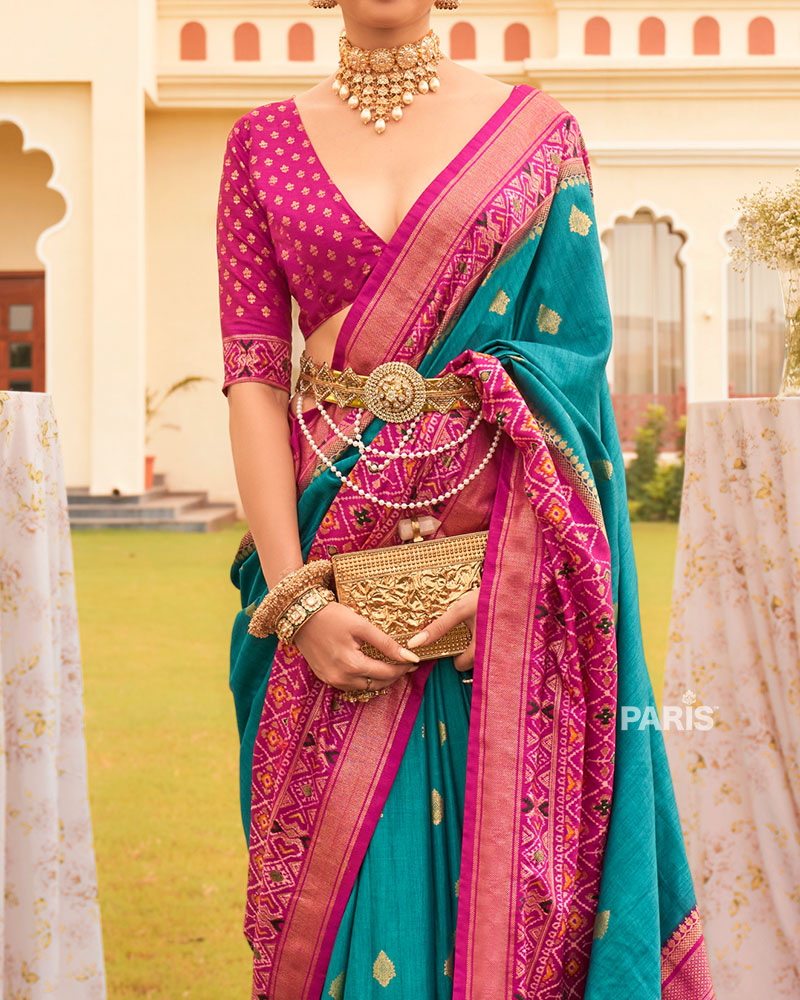 Teal Blue and Pink Border Silk Saree with Unstitched Blouse and Belt