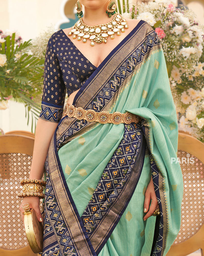 Surf Green and Blue Border Silk Saree with Unstitched Blouse and Belt