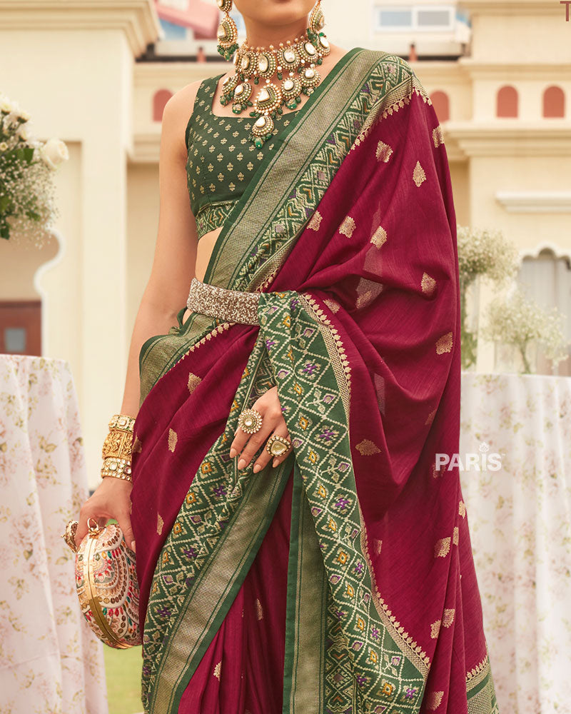 Maroon and Green Border Silk Saree with Unstitched Blouse and Belt