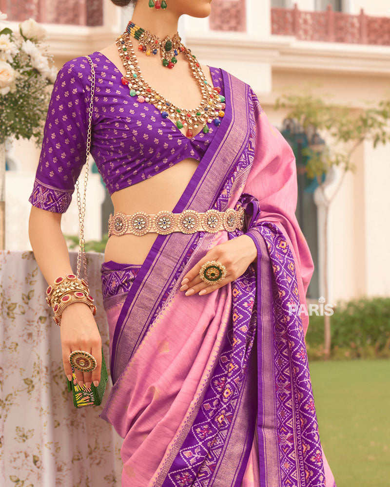 Rose Pink and Purple Border Silk Saree with Unstitched Blouse and Belt