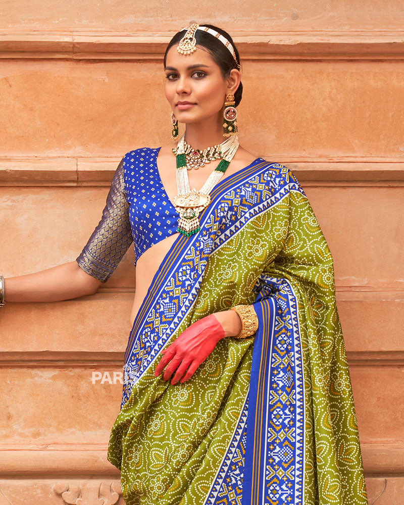 Grey & Red Patola Printed Saree with Blouse
