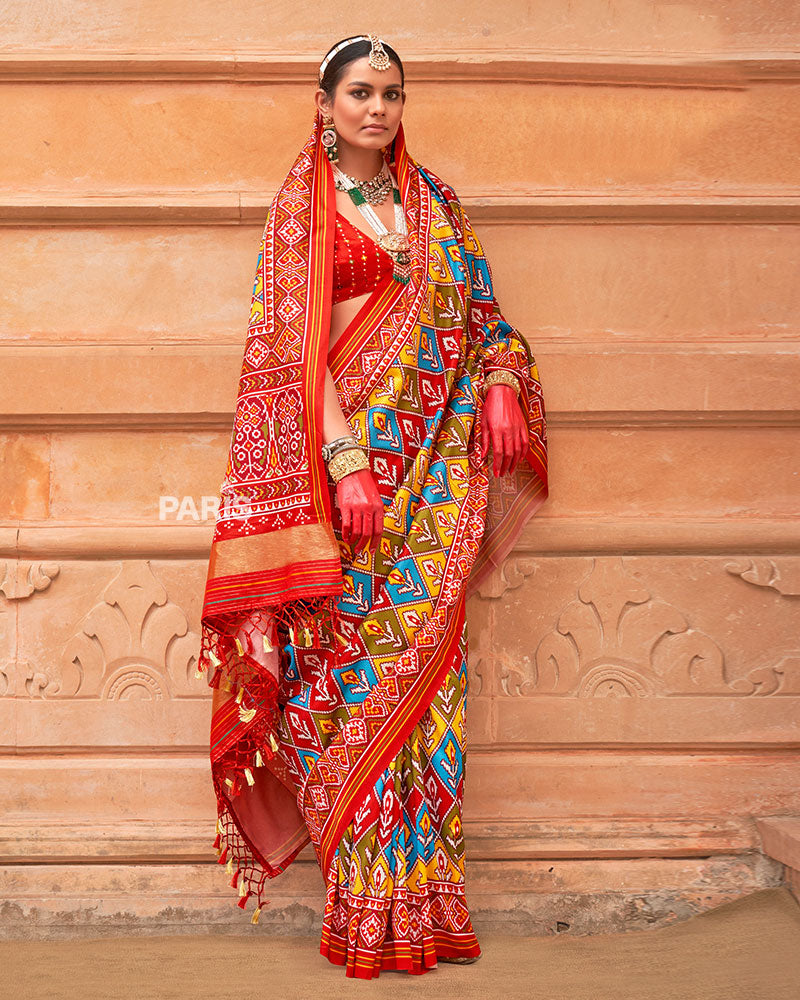 Yellow Green Patola Saree with Red Zari Border