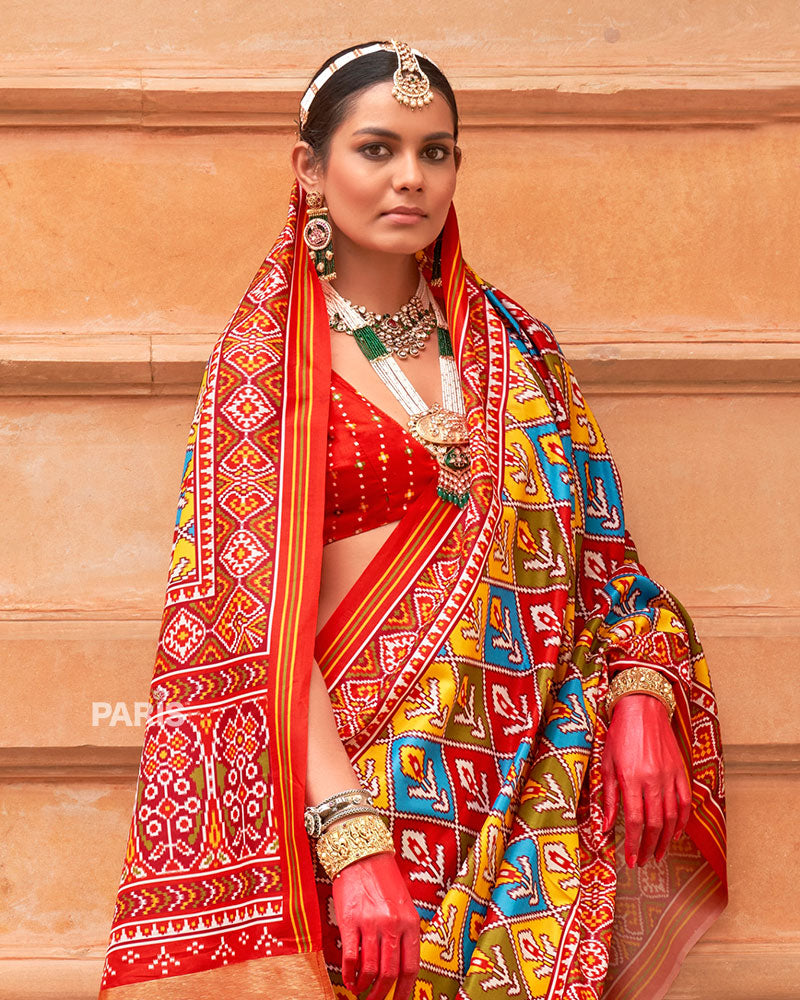 Yellow Green Patola Saree with Red Zari Border