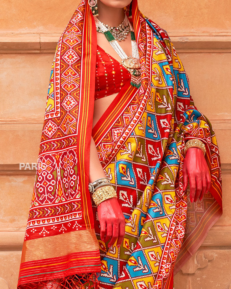 Yellow Green Patola Saree with Red Zari Border