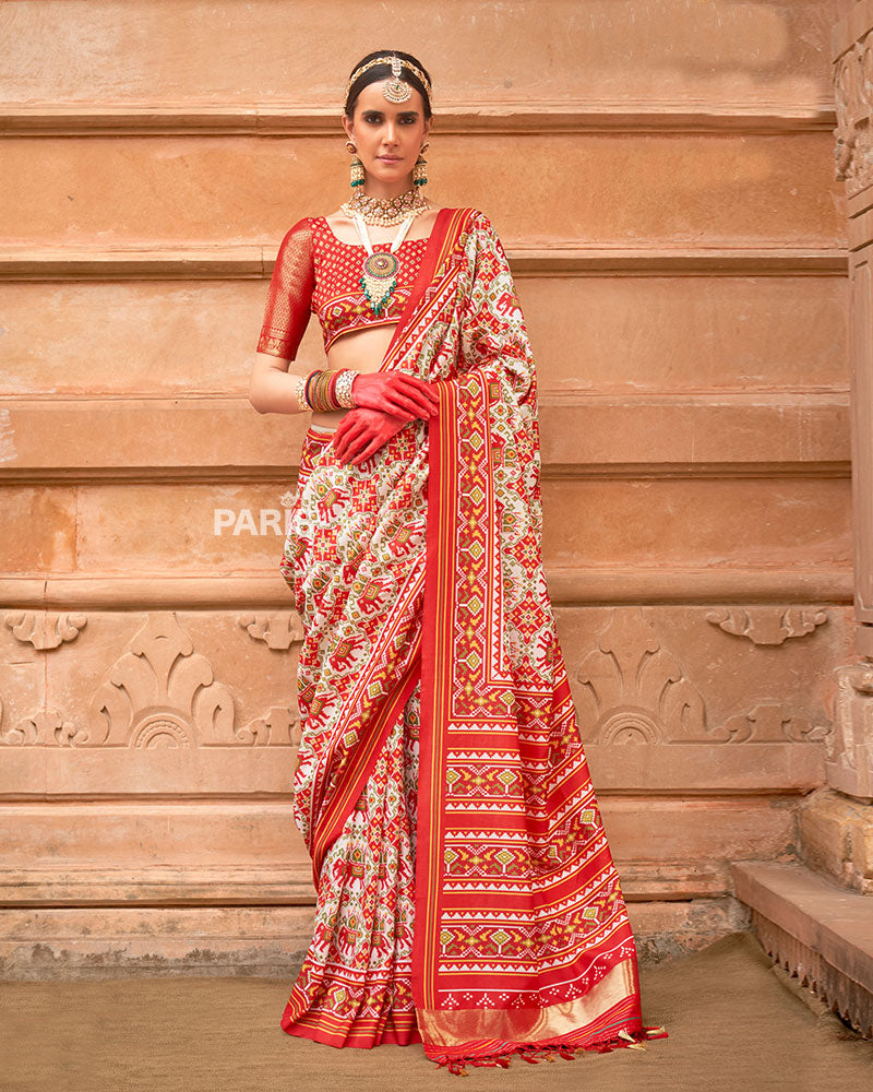Red Patola Silk Saree with Green Zari Border