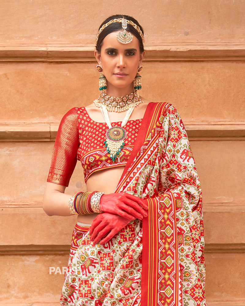 Red Patola Silk Saree with Green Zari Border