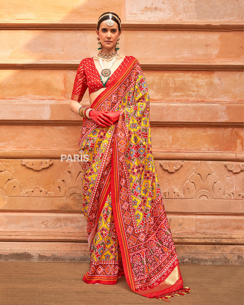 Wine & Green Patola Silk Saree with Zari Work