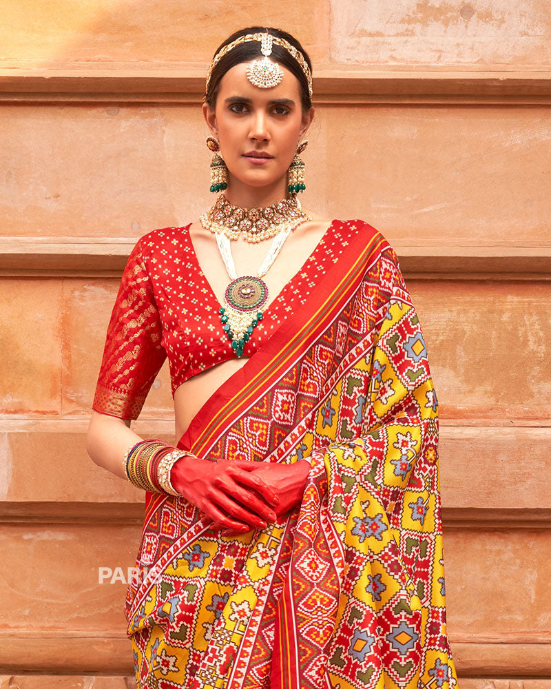Wine & Green Patola Silk Saree with Zari Work