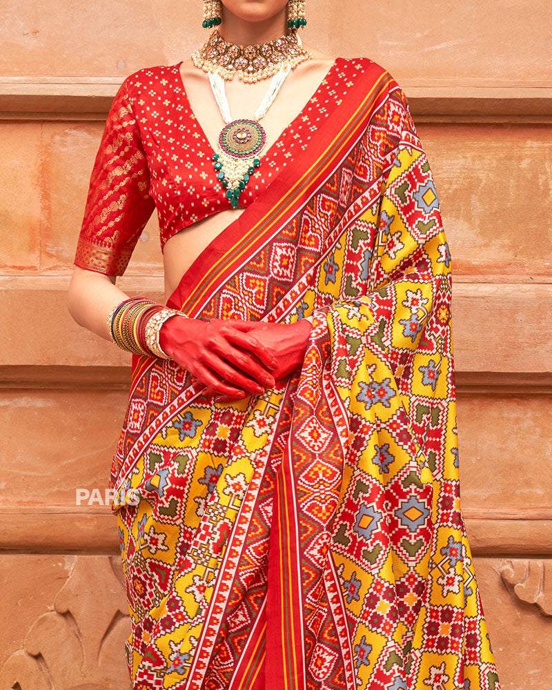 Wine & Green Patola Silk Saree with Zari Work
