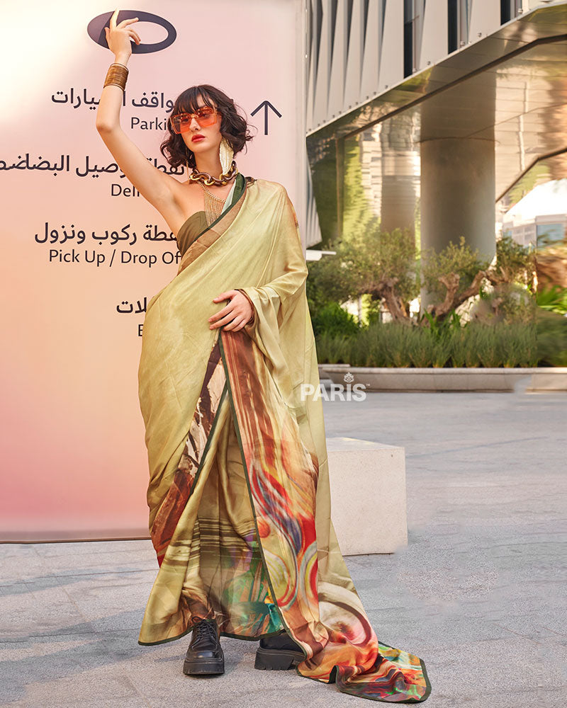 Light Beige Multicolor Digital Print Satin Saree