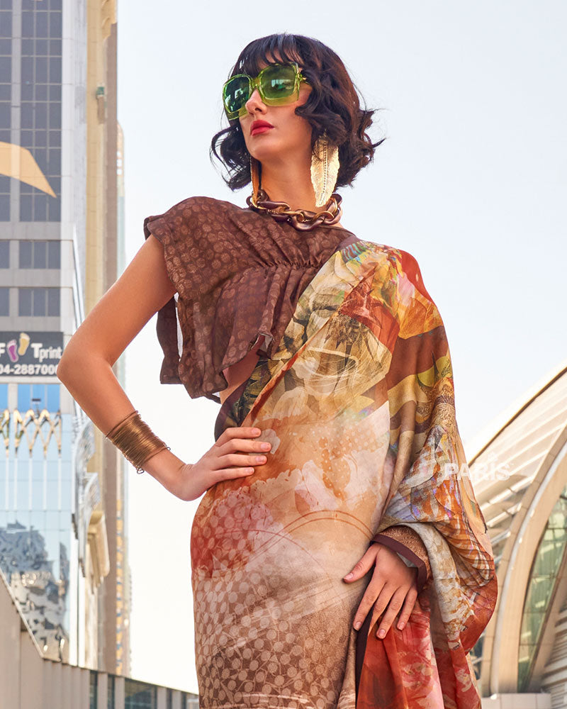 Light Brown Abstract Digital Print Satin Saree
