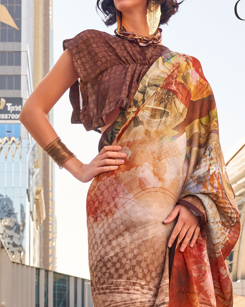 Light Brown Abstract Digital Print Satin Saree