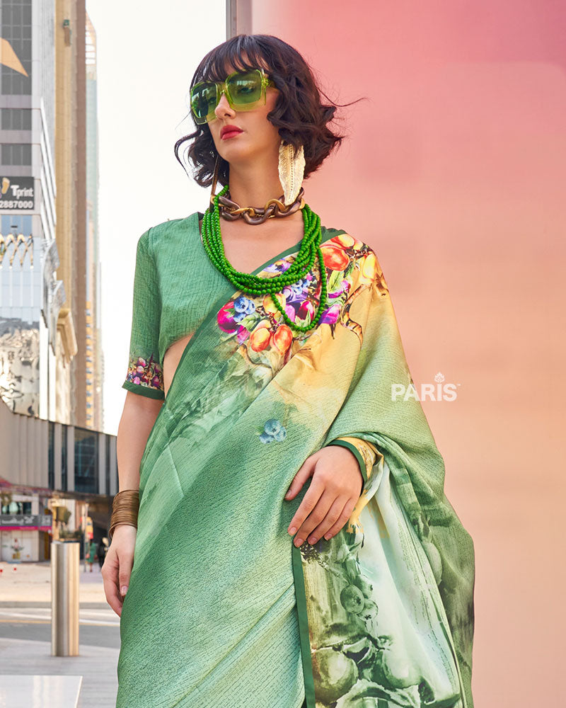 Light Sage Green Digital Print Satin Saree