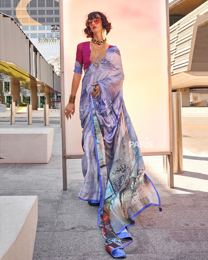Light Lavender Digital Print Satin Saree