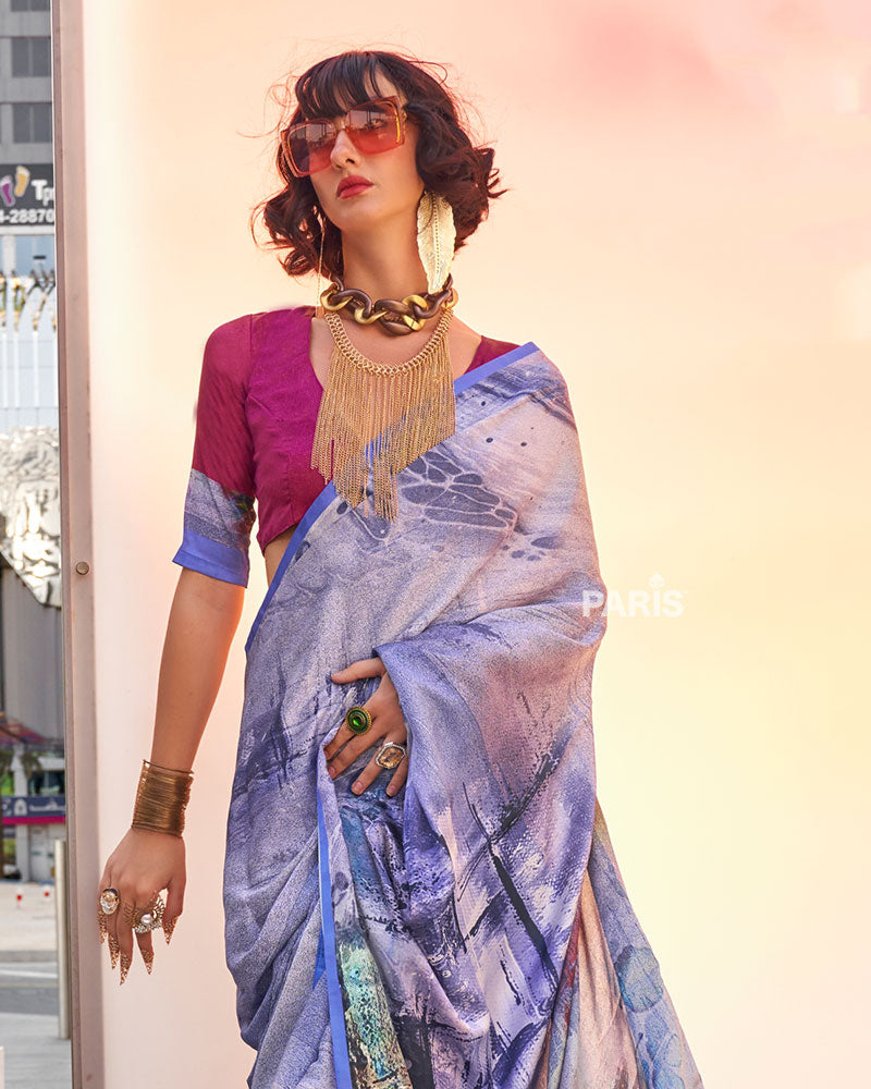 Light Lavender Digital Print Satin Saree