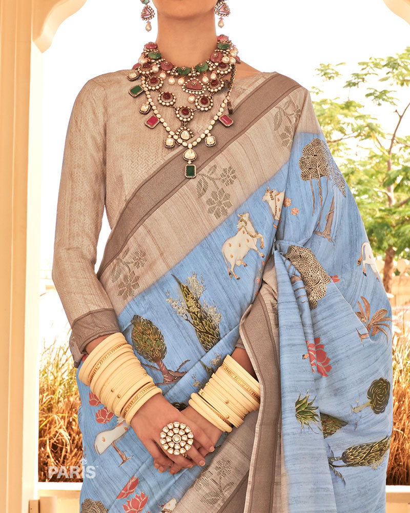 Beige Silk Saree with Light Brown Border & Motifs