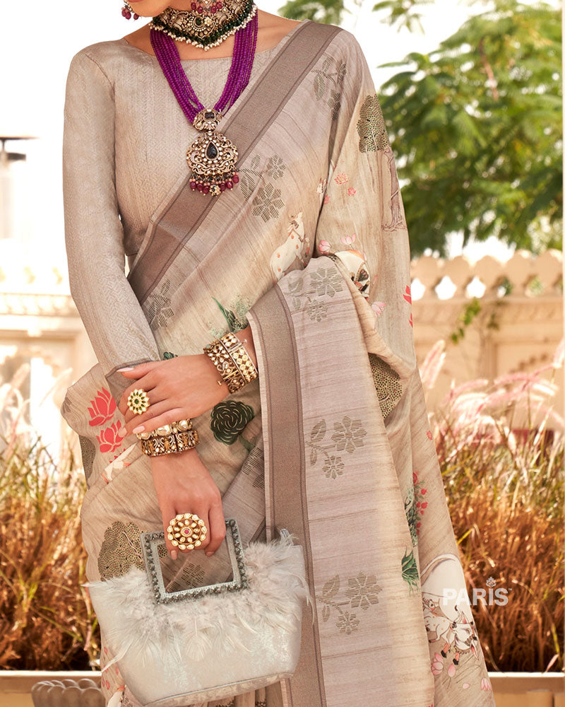 Aqua Blue Silk Saree with Light Brown Border & Blouse