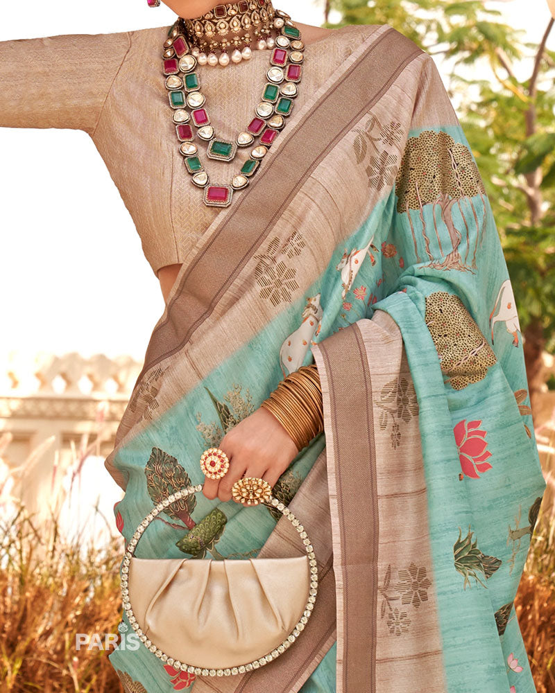 Aqua Blue & Beige Printed Saree with Motif Work