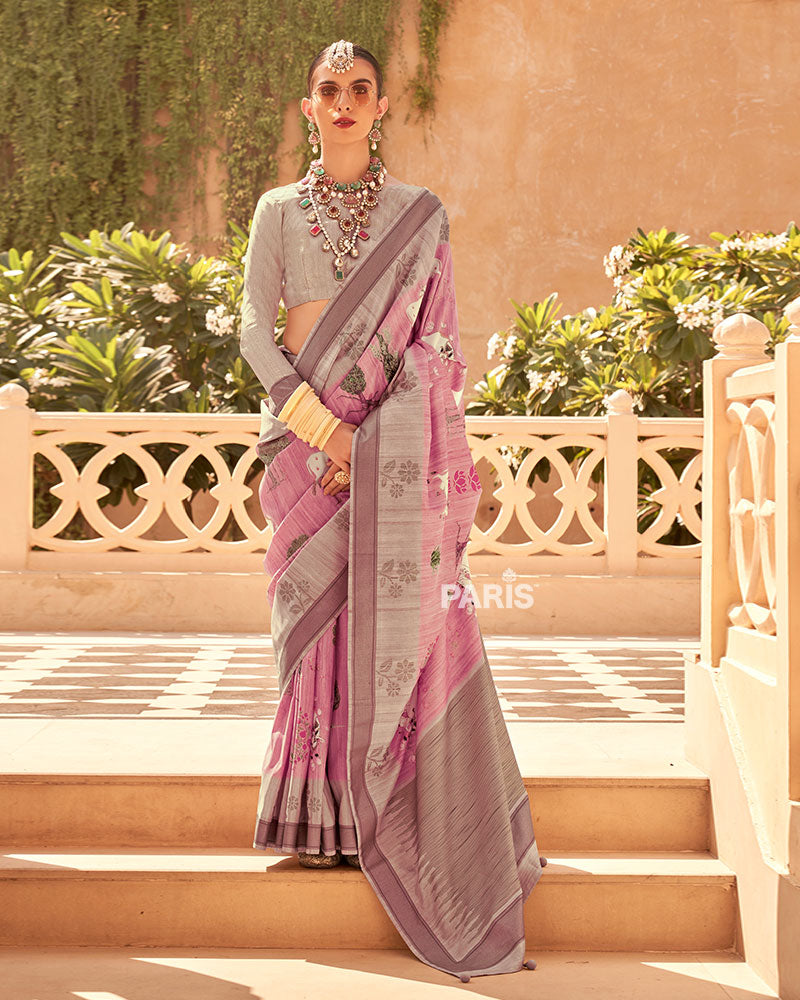 Pastel Pink Silk Saree with Light Brown Border