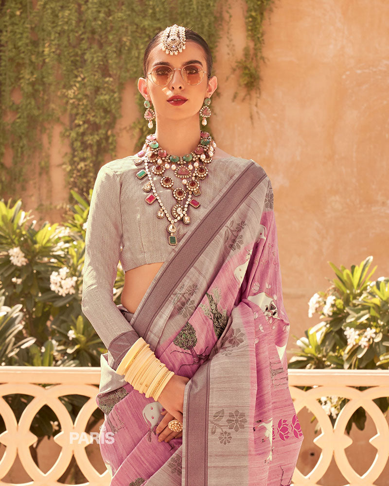 Pastel Pink Silk Saree with Light Brown Border