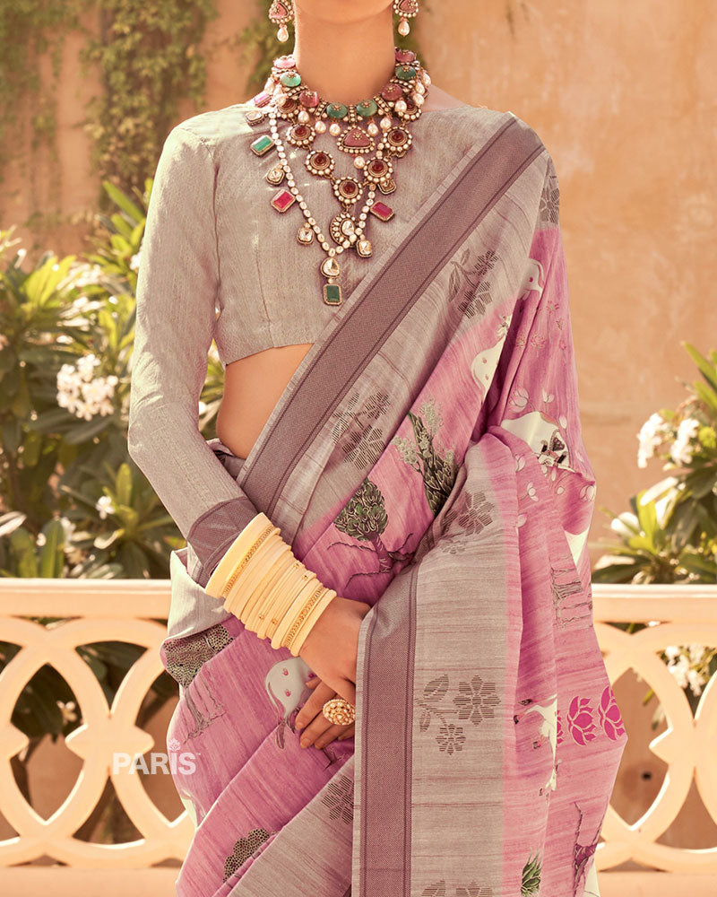 Pastel Pink Silk Saree with Light Brown Border