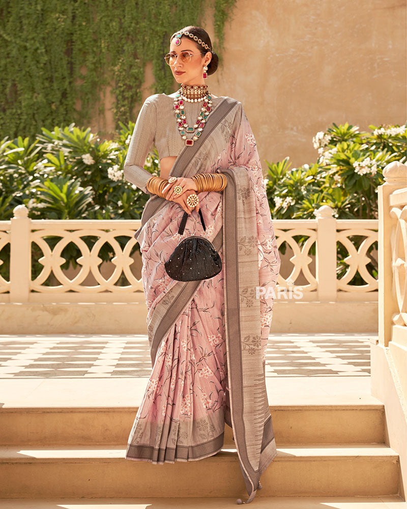 Grey Printed Saree with Blue Border & Blouse