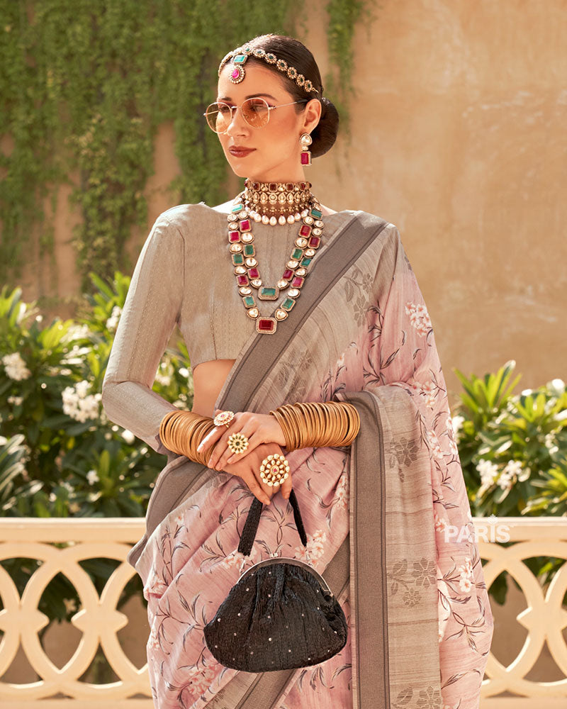 Grey Printed Saree with Blue Border & Blouse