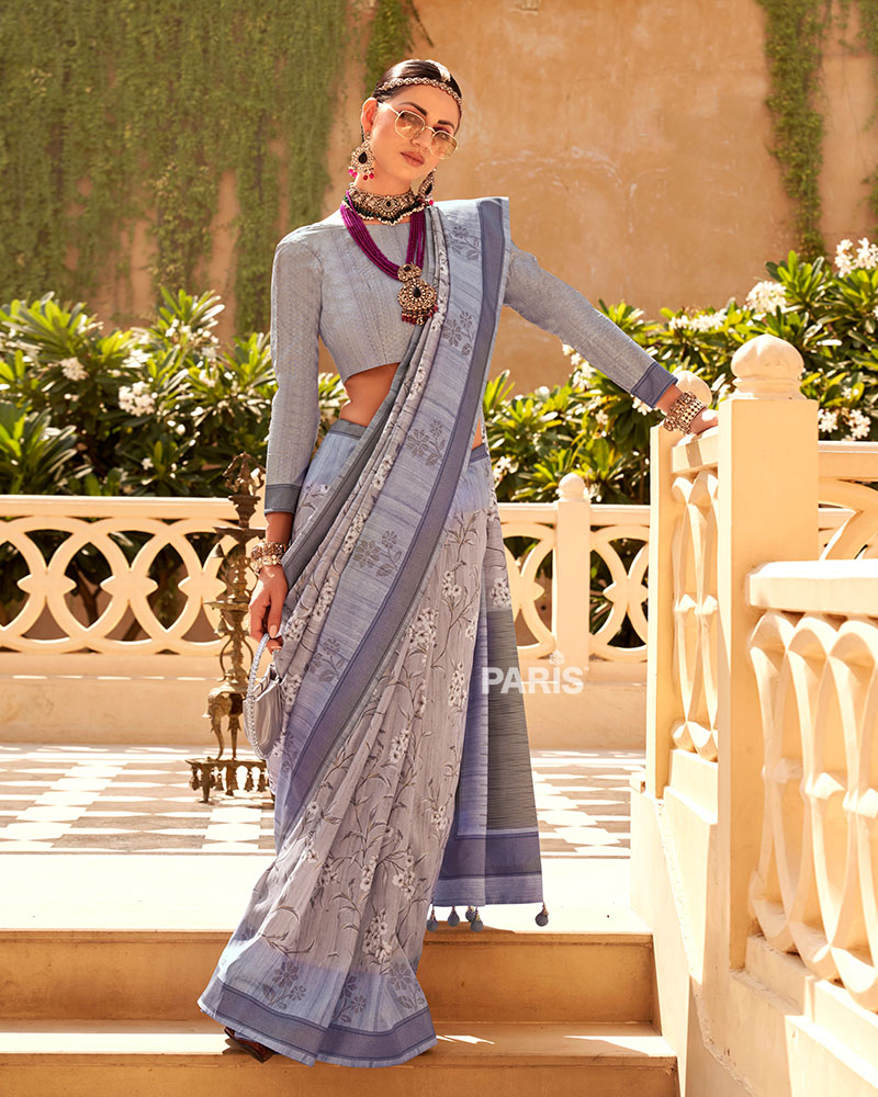 Grey Silk Saree with Pink Border & Floral Print