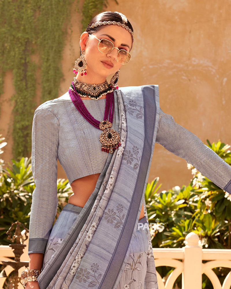 Grey Silk Saree with Pink Border & Floral Print