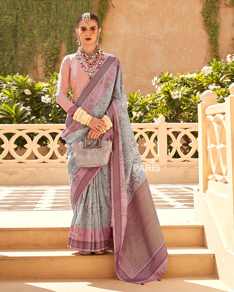 Light Purple Silk Saree with Brown Contrast Border