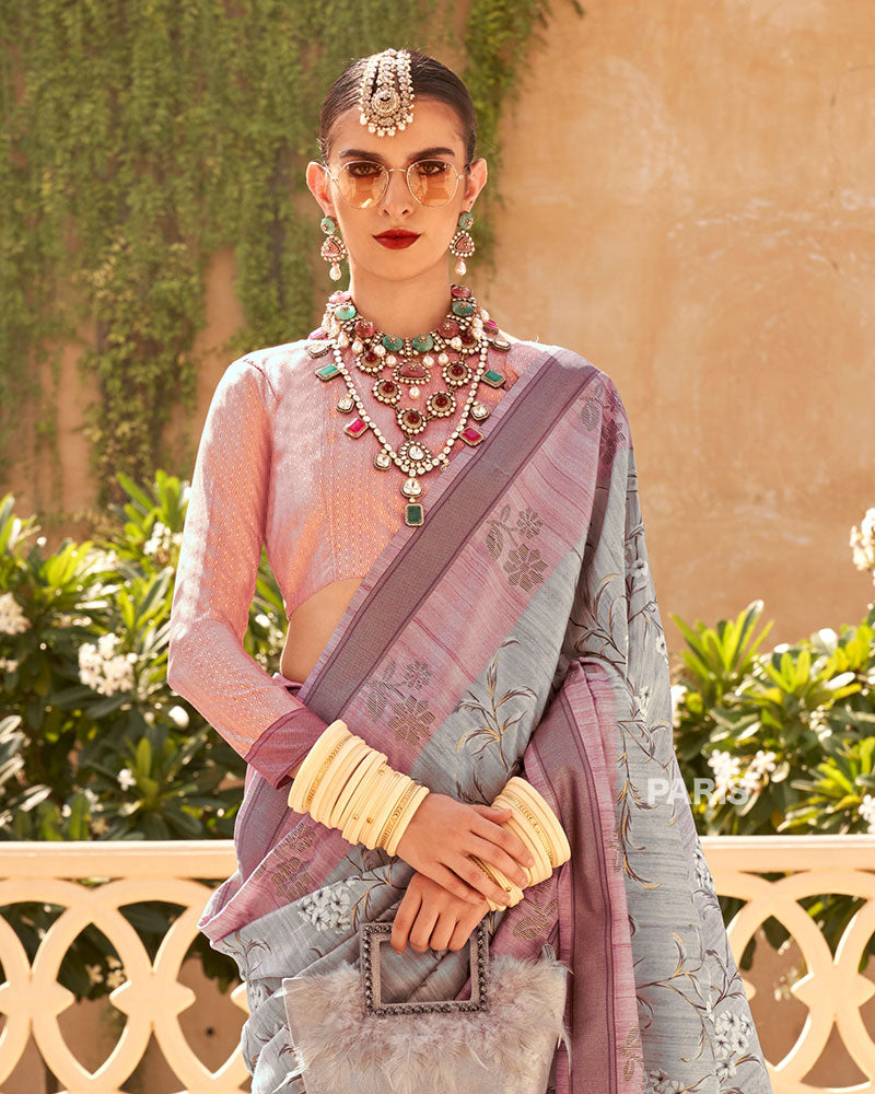 Light Purple Silk Saree with Brown Contrast Border