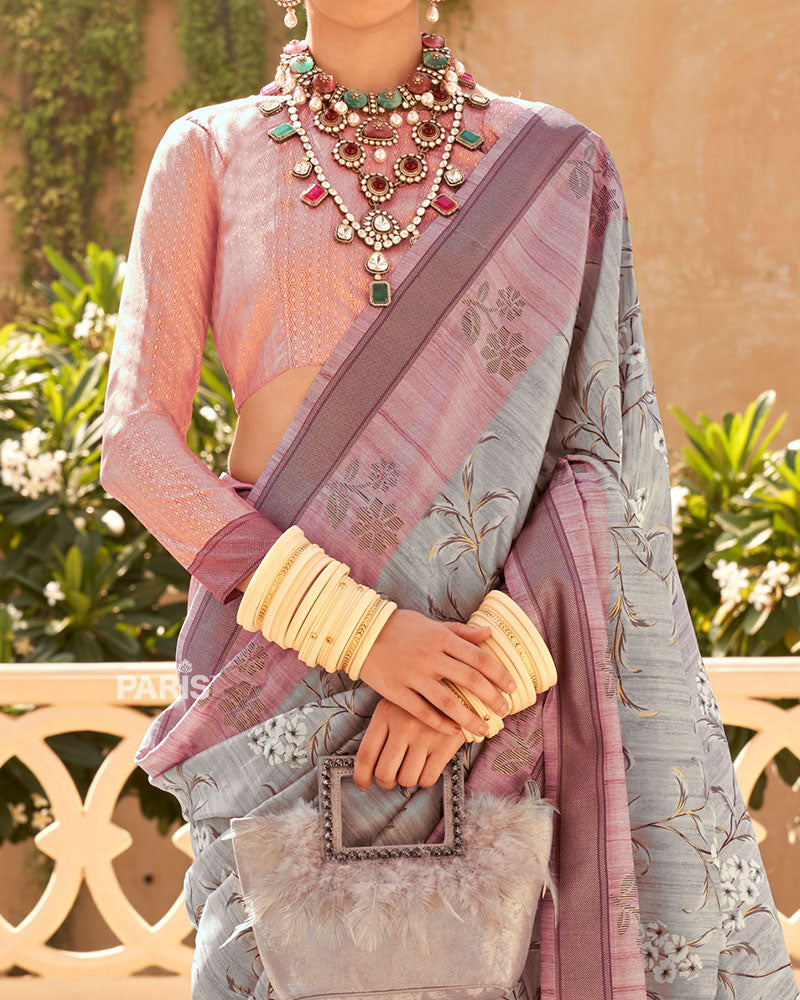 Light Purple Silk Saree with Brown Contrast Border