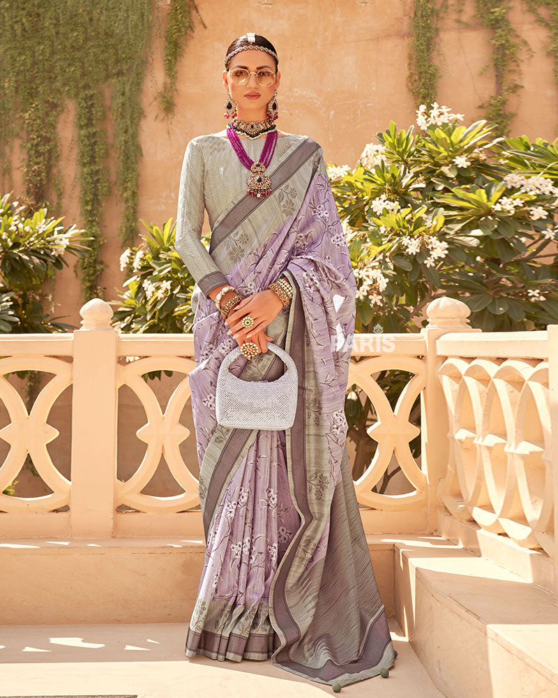 Grey Silk Saree with Light Brown Border & Blouse